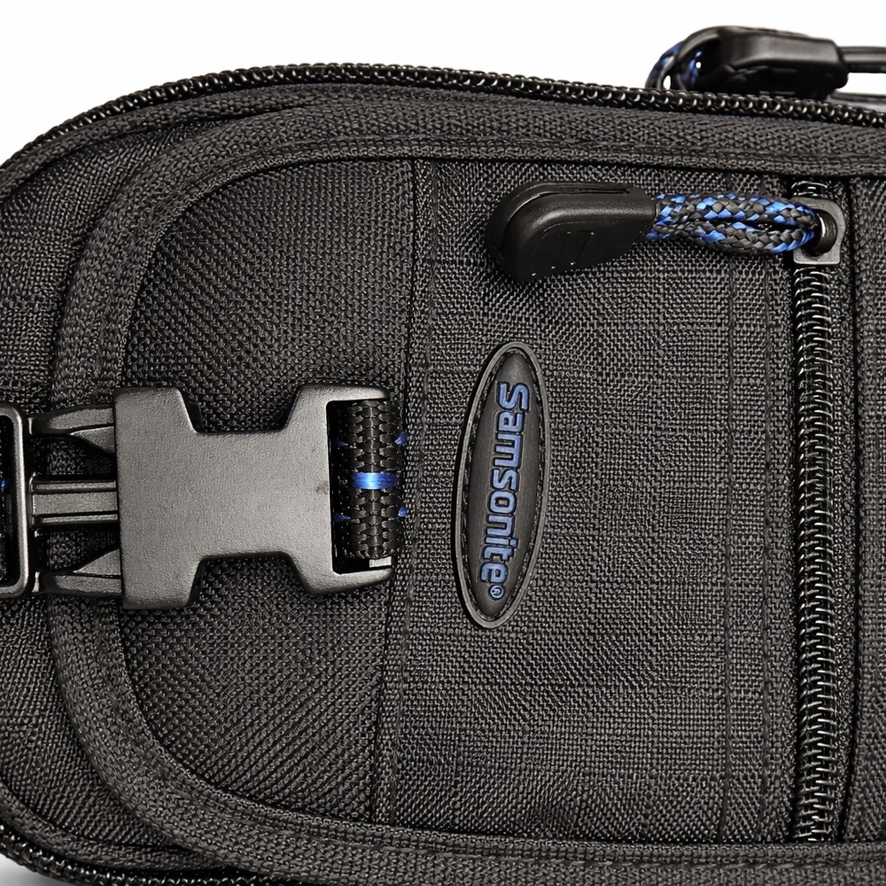 Samsonite Compact Crossbody Travel Bag – Black Nylon w/ Blue Stitch Strap - Picture 2 of 4